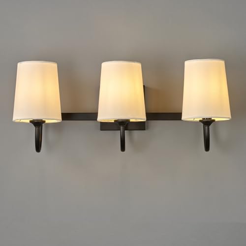 Globe Electric 63000206 5-Piece All-in-One Bathroom Set, 3-Light Vanity Light, Matte Black, Linen Shades, Towel Bar, Robe Hook, Toilet Paper Holder, Towel Ring, Bathroom Lights Over Mirror - color: Matte Black, Linen
