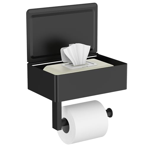 FORIOUS Toilet Paper Holder with Shelf, Wall-Mounted Modern Wipes Dispenser | Matte Black | Toilet Paper Holder with Storage | Flushable Wipes Dispenser for Bathroom | Sanitary Napkin Tampon Holder - color: Matte Black, size: 1 Pack-8" (L)