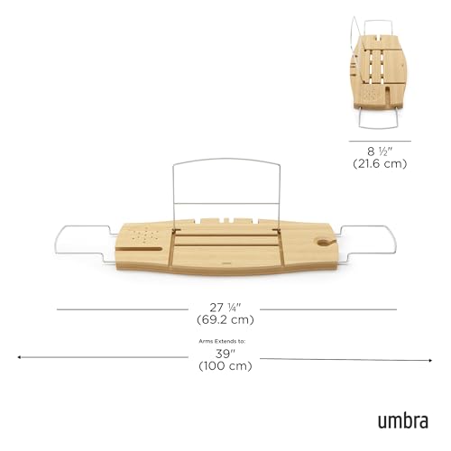 Umbra Aquala Bath Caddy, Extendable Bathtub Tray with Phone Holder, Natural | Bamboo, non-slip silicone arms, fits most tubs, waterproof, holds book and wine glass - color: Natural