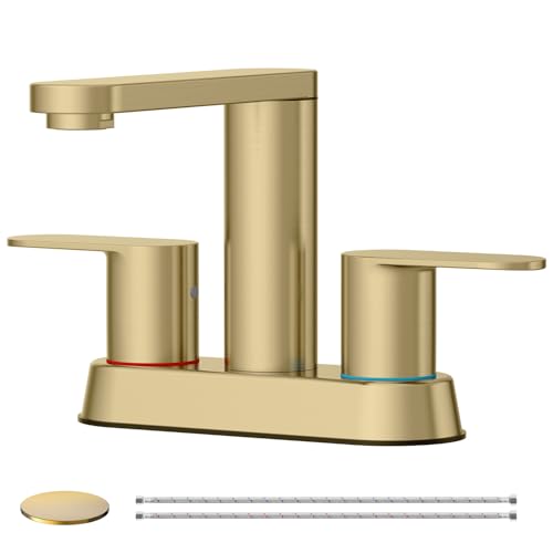 BWE Brushed Gold Bathroom Faucets 4 Inch Centerset Faucet for Bathroom Sink | 2 or 3 Hole Basin 2-Handle 360° Swivel Spout Bathroom Sink Faucet with Pop up Drain Water Supply Hose for Farmhouse Vanity RV - color: Brushed Gold, size: 4 Inches Centerset
