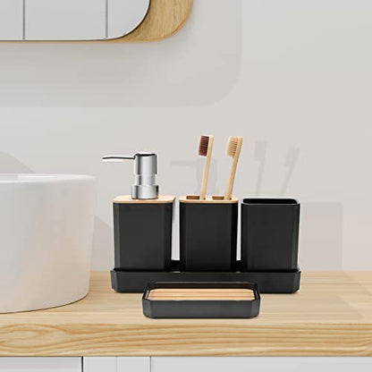 FEILANDUO Bathroom Accessories Set,5 Pcs Bathroom Accessory Gift Set, Soap Dispenser, Soap Dish, Toothbrush Holder, Toothbrush Cup, Vanity Tray, Boho, Modern Bathroom Decor (Black) - style: Black