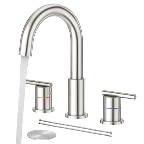 Faustina 3 Hole Bathroom Faucet, Brushed Bathroom Faucets for Sink 3 Hole/Double-Handle/8-Inch Widespread Bathroom Faucet, Stainless Steel Bathroom Vanity Faucet(Pop Up Drain/Supply Line), Brushed - color: Brushed, style: Modern Widespread