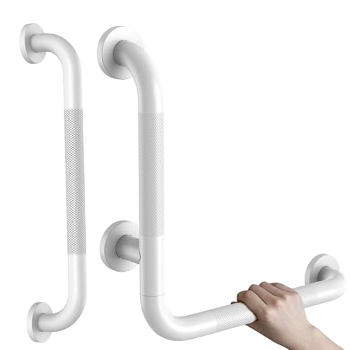 16 Inch L-Shaped Knurled Angled Grab Bar for Shower Bathtub, White | w/16" Bathroom Safety Handrail, Stainless Steel Handicap Grab Bar for Wall, Anti Slip Toilet Balance Support Bar for Seniors - color: White, size: 16x16 Inch - Knurled Grip