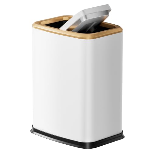 2.1 Gal Slim Bathroom Trash Can with Swing Lid, Rustproof Stainless Steel Small Garbage Can for Narrow Spaces & Toilet Side, Dog Proof Odor Control Waste Basket for Bedroom/Office, White - color: White