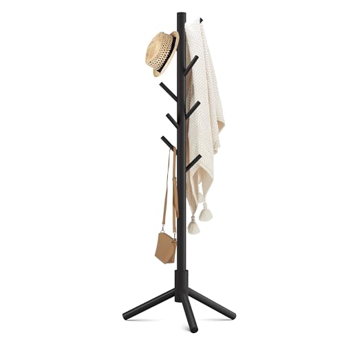 Haddockway Wooden Coat Rack Stand with 8 Hooks New Zealand Pine 3 Adjustable Coat Standing Tree Easy Assembly for Coats, Hats, Scarves and Handbags for Entryway, Hallway, Bedroom, Office - color: Black, size: 1 PC