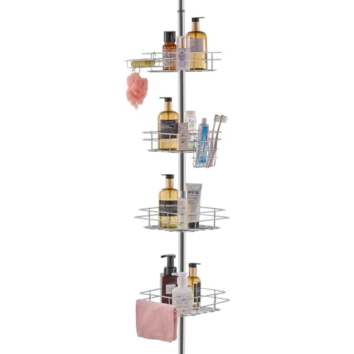 VEVOR Shower Corner Caddy Tension Pole, 42" to 114" High, Multi-Functional Shower Tension Pole with Strong Load-Bearing Tray, Rust-Proof Easy-to-Install, Fit for Bathroom & Washroom, Silver
