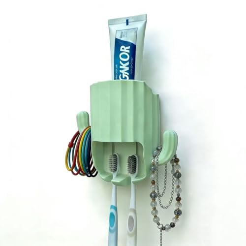 Kids Toothbrush Holder Wall Mount, Cute Cactus (Light Green) | Bathroom Organizer, PP Cactus Holder, Toothbrush Toothpaste Hair Tie Accessories,Multi-Function Organizer - color: Green