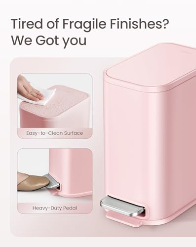Cesun Small Bathroom Trash Can with Lid Soft Close & Pedal, 1.3 Gal, Pink | Removable Inner Bucket, Slim Stainless Steel Garbage Can for Bedroom/Office, Included 5 Trash Bags, Hidden Bag, Built to Last - color: Pink