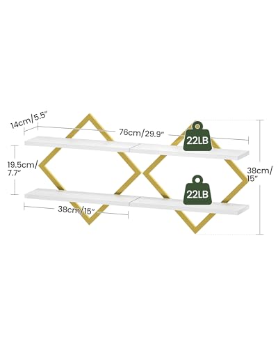 CHOEZON Floating Shelves for Wall, Set of 2 Wall Mounted Shelves, 2-Tier Hanging Shelves, for Living Room, Bedroom, Kitchen, Office, Study, Gold and White TBJ01P2JW - color: White + Gold