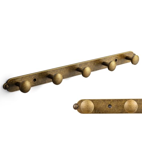 Goo-Ki Antique Brass Coat Rack Wall Mount, Heavy Duty Zinc Wall Mounted Coat Hooks with Keelplate Backplate, Vintage Hat and Towel Hanger Rail for Entryway, Bathroom and Mudroom (5 Hooks) - color: Antique Brass