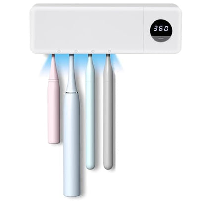 Cordless Toothbrush Holder, Toothbrush Cleaner with 4 Slots & 360s Timer Function, No-Drill Rechargeable Wall-Mounted Toothbrush Holders for Bathroom Family, White