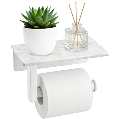 Toilet Paper Holder with Natural Marble Shelf, Wall Mounted Tissue Holder, Modern and Durable Bathroom Accessory for Bathroom Washroom (White) - color: White