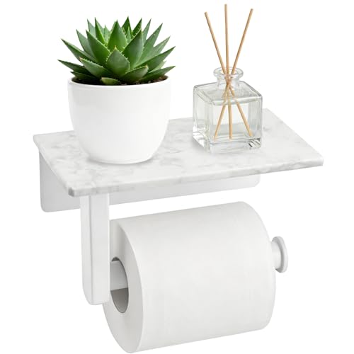 Toilet Paper Holder with Natural Marble Shelf, Wall Mounted Tissue Holder, Modern and Durable Bathroom Accessory for Bathroom Washroom (White) - color: White