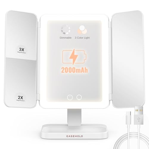 EASEHOLD Lighted Makeup Mirror, Rechargable Vanity Mirror with Magnification, 2X 3X, Trifold Makeup Mirror with Touch Control, 3 Color Dimmable LED Lights, Portable Make up Mirror, Gifts for Women - color: White With 2000 Mah