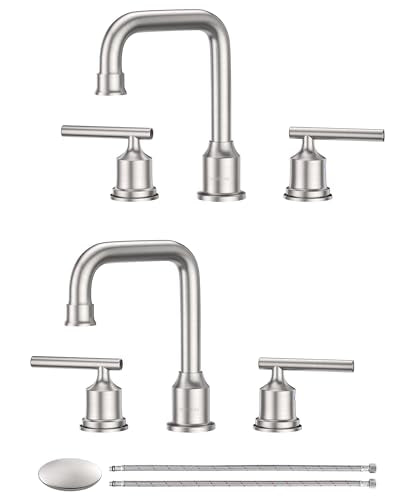 WOWOW Brushed Nickel Bathroom Faucet 3 Hole, Widespread Vanity Sink Faucets | Copper Inlet Faucet for Bathroom Sink with Swivel Spout, 2 Handles Lavatory Tap with Drain and cUPC Supply Line (Set of 2) - color: Brushed Nickel x 2, style: Upgrade-8 Inch