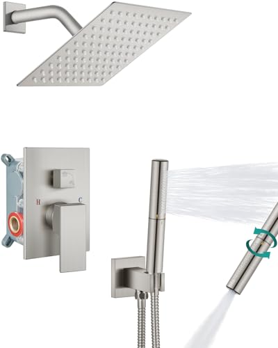 Aolemi Shower System with Rain Head and Handheld,8-Inch,Brushed Nickel | High-Pressure Shower Faucet Set with Dual-Function Handheld,Rough-In Valve,1.8 GPM,Wall-Mount Trim Kit - color: Brushed Nickel, size: 8 Inch