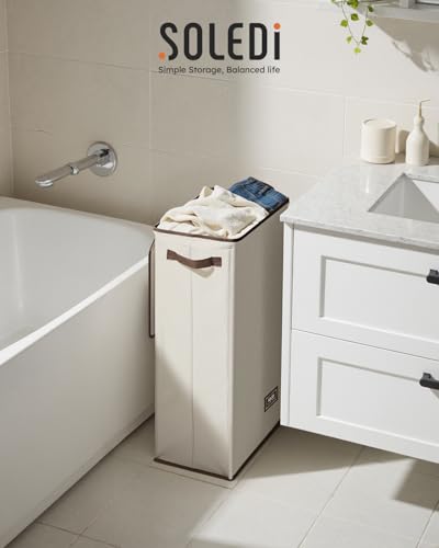 SOLEDI Slim Laundry Hamper with Lid, Narrow Laundry Basket with Removable Bags, Dirty Clothes Hamper with handle, Small Hamper perfect for Laundry room, Bathroom, Bedroom, Small spaces. 70L Beige - color: Off-White, size: 70L