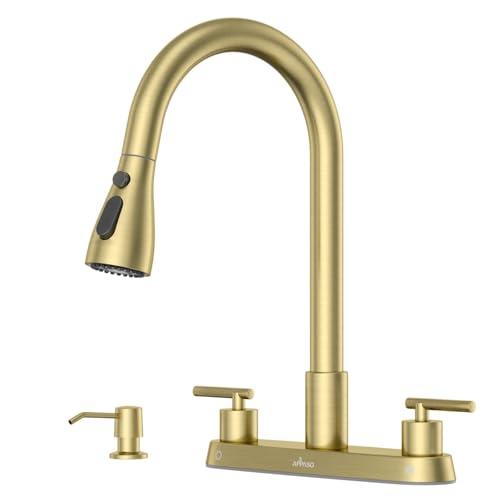 APPASO 2 Handles 4 Hole Kitchen Faucet with Pull Down Sprayer Brushed Gold | Gold Kitchen Faucets with Soap Dispenser, Modern High Arc Stainless Steel for 3 & 4 Hole Sinks, Spot Free, Easy to Install - color: 1-Brushed Gold