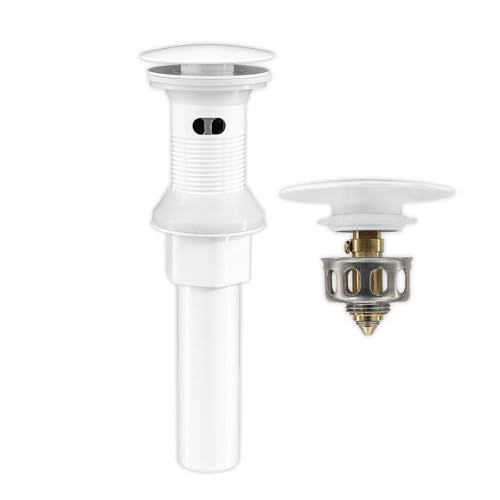 Bathroom Sink Drain,Drain Stopper Bathroom Sink with Overflow,Pop Up Drain Assembly with Detachable Strainer Basket,Built-in Anti-Clogging, Stainless Steel Nut White - color: White-big Cap, style: With Overflow
