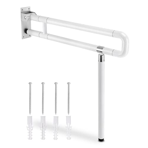 YUCHENGTECH Flip Up Handicap Grab Bar Foldable Toilet Grab Bar 29.5 INCH Wall Mount Folding Toilet Safety Rail with Floor Support for Bathroom for Elderly Disabled Senior Pregnant