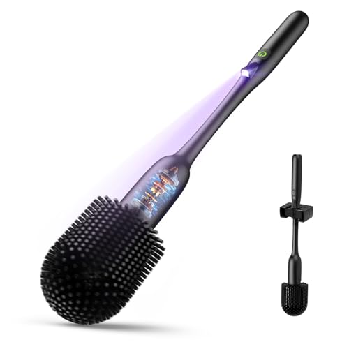 EKZ Electric Toilet Brush with UV Stain Detection, High-Torque Deep Cleaning, Dual-Speed 80/200 RPM, Silicone Brush Head, Wall-Mounted Holder, Type-C Rechargeable, Black - color: Black