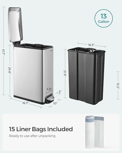 SONGMICS Slim Trash Can, 13-Gallon (50 L) Garbage Can for Narrow Spaces with Soft-Close Lid, Inner Bucket, and Step-on Pedal, Stainless Steel, 15 Trash Bags Included, Silver ULTB510E48 - color: Silver, style: 13 Gal.