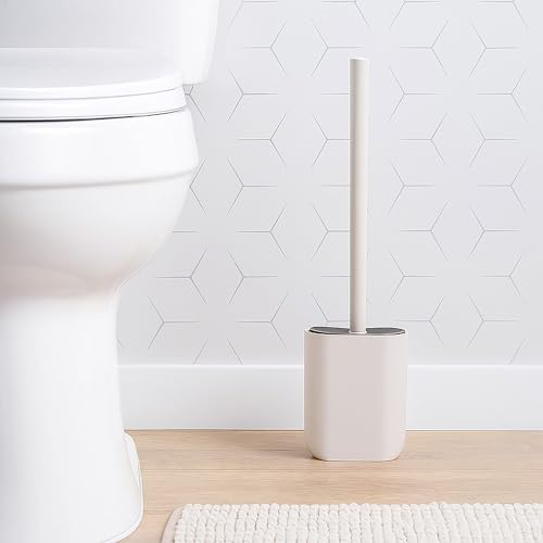 Oval Toilet Brush & Holder Set, Steel Handle, Deep Clean, Polyresin, Beige | Compact, Toilet cleaning, Daily hygiene, Guest bathroom, Small spaces, Hygienic Discreet Holder, Easy to Clean, Sturdy Build - color: Beige