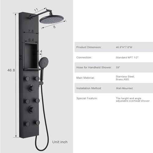 PF Shower Panel Tower Adjustable Shower Arm Height Rainfall Head System | Stainless Steel Shower Panel with Shelf and 6 Body Massage Jets Bathroom Black Shower Column Panels 5-Mode Handheld Shower - color: 6 Jets with Shelf-Black