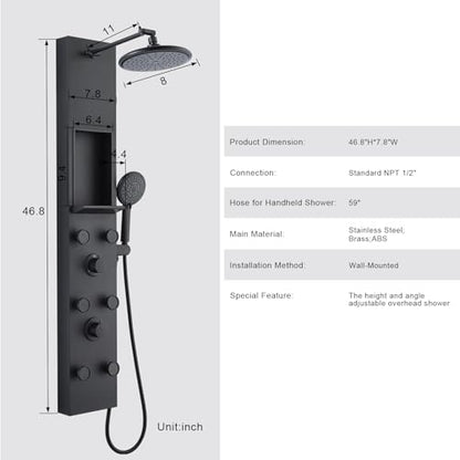 PF Shower Panel Tower Adjustable Shower Arm Height Rainfall Head System | Stainless Steel Shower Panel with Shelf and 6 Body Massage Jets Bathroom Black Shower Column Panels 5-Mode Handheld Shower - color: 6 Jets with Shelf-Black