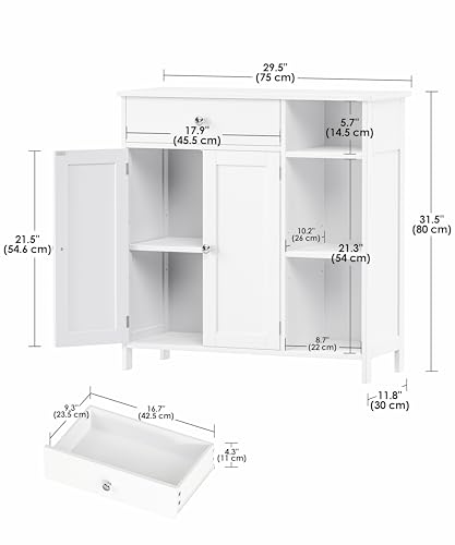Keehusux White Cabinet with Large Drawer, Floor Bathroom Storage Cabinet with Doors & Adjustable Shelves, Modern Storage Cupboard with 3 Open Space for Living Room, Entryway, Dining Room