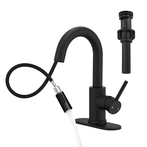 Black Bathroom Sink Faucet with Pull Out Sprayer for Sink 1 Hole,Bar Sink Faucet with Pop-Up Drain,Stainless Steel Single Handle Kitchen Faucet 360°Swivel Bathroom Faucets for Two Water Outlet Modes - color: Black, style: Pull-out