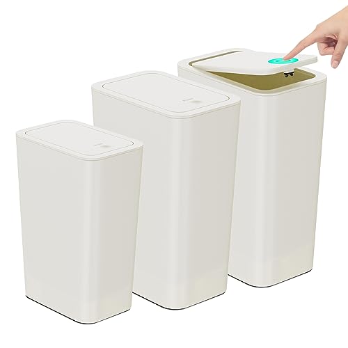 N. NETDOT Bathroom Trash Can with Lid 3 Pack Set,2 Packs 4Gal Slim Kitchen Trash Can and 1 Pack 2.6Gal Garbage Can,Small Trash Bin/Waste Basket for Bedroom,Office(Off White) - color: Off White, size: 2 X 4 Gal & 1 X 2.6 Gal