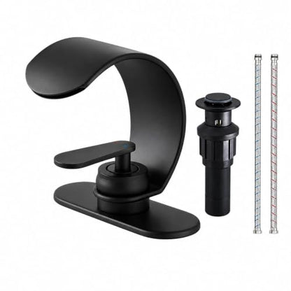 ARSUONTA Matte Black Waterfall Bathroom Sink Faucet, Single Handle, Fits Single-Hole or Compatible 3-Hole Sinks, Easy to Install with Deck Plate, Pop-Up Drain with Overflow and 24-Inch Supply Hoses - color: Black