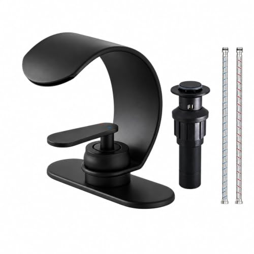 ARSUONTA Matte Black Waterfall Bathroom Sink Faucet, Single Handle, Fits Single-Hole or Compatible 3-Hole Sinks, Easy to Install with Deck Plate, Pop-Up Drain with Overflow and 24-Inch Supply Hoses - color: Black