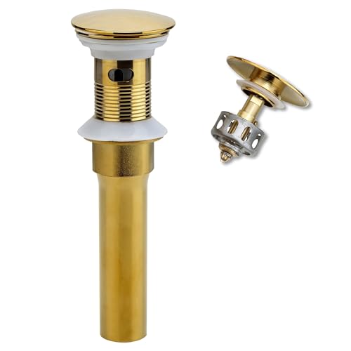 Rockgoya Bathroom Sink Drain, Gold Drain Stopper Bathroom Sink with Overflow,Pop Up Drain Assembly with Detachable Strainer Basket,Built-in Anti-Clogging Strainer,Stainless Steel - color: Gold, style: With Overflow