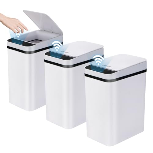 3 Pack Bathroom Trash Can with Lid, 2.5 Gallon Small Slim Trashcan, Automatic Trash Can Touchless, Motion Sensor Waterproof Plastic Trash Bin for Bedroom Kitchen Office Living Room (White) - color: White