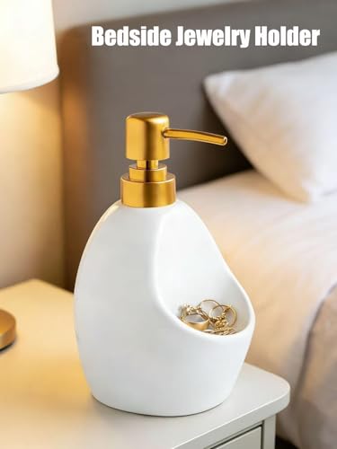 Ceramic Soap Dispenser with Sponge Holder – White Refillable Dish Soap Dispenser for Kitchen Sink, 2-in-1 Sink Organizer with Pump Bottle & Tray – Modern Farmhouse Countertop Accessory - color: White