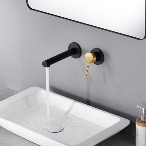 SUMERAIN Wall Mounted Bathroom Sink Faucet Black and Gold Finish, Lavatory Faucet with Single Handle and Rough in Valve - color: Black and Gold, size: Right Handle