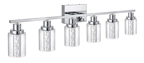 MELUCEE 6-Light LED Bathroom Vanity Light Chrome 5 Color Temperature | Dimmable Modern Vanity Lights Bathroom Light Bar Wall Sconce with Crystal Bubble Clear Glass Shade, Built-In LED Chips - color: Chrome, size: LED-6 Lights