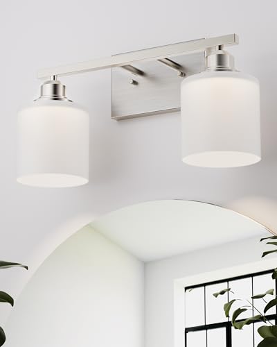 Bathroom Light Fixtures 2-Light, Brushed Nickel Vanity Lights Fixtures, Modern Bathroom Vanity Light Over Mirror, Milky White Glass Shade & Anti-Rust Nickel Finished, Small Bathroom Light - color: Brushed Nickel-2 Light