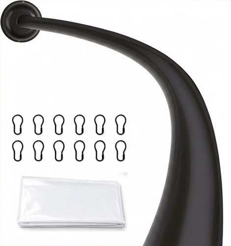Shower Suite by Utopia Alley – Rustproof Aluminum Curved Shower Curtain Rod Combo Set with Liner & 12 Hooks, Adjustable 45–72 Inch Wall Mount Rod, Matte Black Finish - color: Black