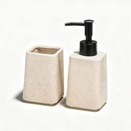 Beige Ceramic Bathroom Accessories Set Toothbrush Holder and Soap Dispenser | 2pcs Modern Decor Bath Set for Countertop Organizer - color: Beige