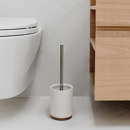 Bathroom Accessories Ceramic Toilet Brush Set - Toilet Bowl Brush and Holder with Wooden Base (White and Beige)