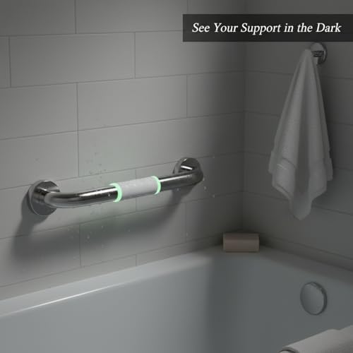 Stainless Steel Shower Grab Bar with Luminous Ring, Textured Non-Slip Bathroom Rail, 11.8 Inch White