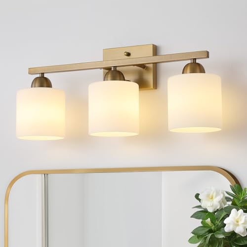 Mecgirn Milk Glass Vanity Lights for Bathroom, 3 Light Brass Bathroom Light Fixtures Over Mirror, Ceramic E26 Sockets Wall Mounted - color: Brass, size: 3 Light