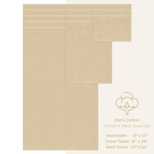 American Soft Linen 100% Cotton Luxury Turkish Towels, 6 Piece Towel Set | Soft Absorbent Quick Dry OEKO Tex Standard 100 Certificated Durable Machine Washable Premium Hotel Quality - color: Beige, size: (27"x54") + (16"x28") + (13"x13")