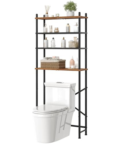 HOOBRO Over the Toilet Storage, 4-Tier Over Toilet Bathroom Organizer, Freestanding Above Toilet Shelf with Adjustable Feet, Space Saving, Easy to Assemble, Rustic Brown and Black BF64TS01