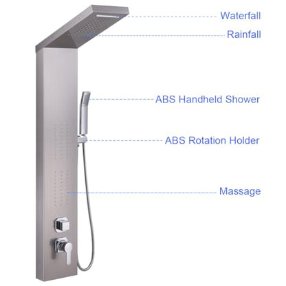ELLO&ALLO Rainfall Waterfall Shower Head Rain Massage System with Body Jets Stainless Steel Bathroom Shower Panel Tower System, Brushed Nickel - color: Brushed A