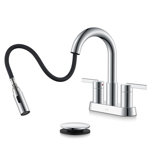 Chrome Centerset 2 Handle Pull Down Bathroom Faucet with Sprayer | Pull Out Bathroom Faucet with Pop Up Drain & Supply Lines, Lead-Free cUPC & NSF Certified, 3 Hole Faucet for Vanity RV Bar - color: Chrome