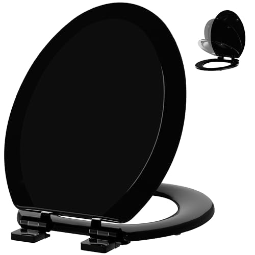 Angol Shiold Quiet-Close Molded Wood Toilet Seat with Non-Slip Adjustable Hinges, Anti-Pinch Bumpers, Easy Install & Clean（Black, Elongated 18.5''） - color: Black, size: Elongated 18.5‘’